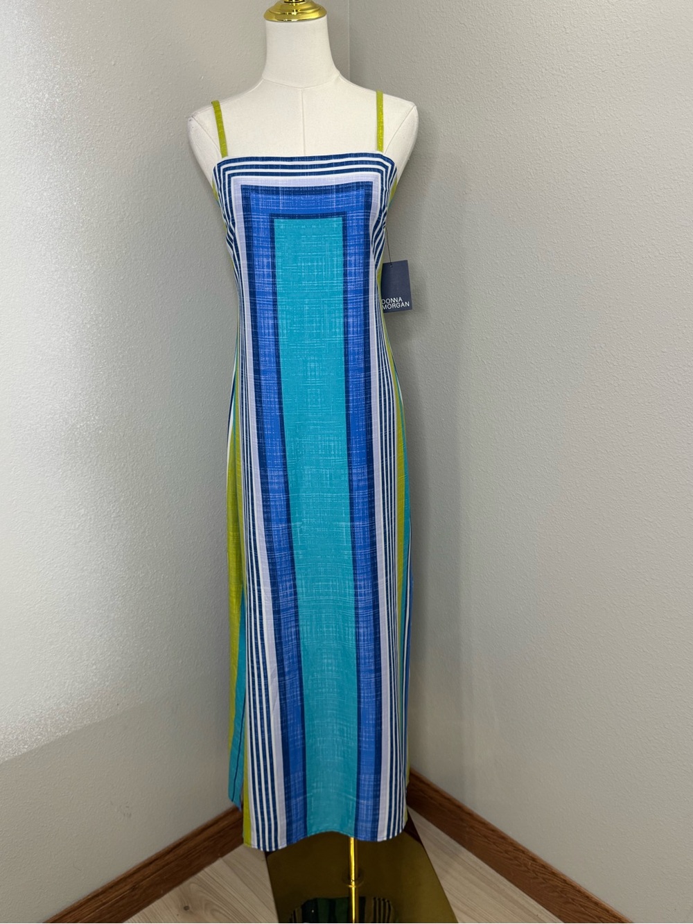 Donna Morgan Lime Blue Striped Maxi Dress Women’s 6 Square Neck NWT D9686M